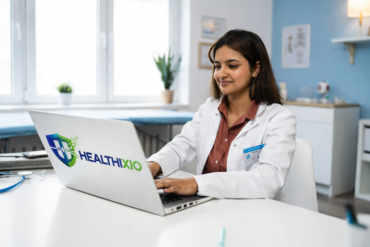 Doctor utilizing HMS EMR software for patient care – Healthixio